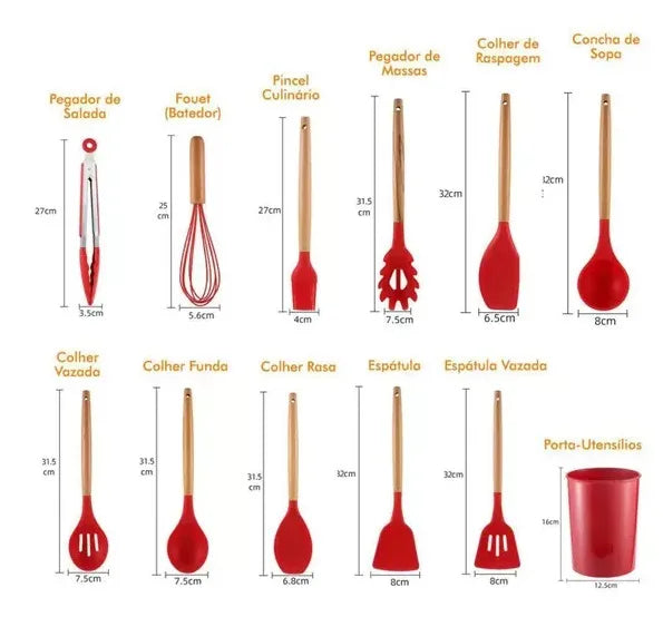 Kit Jogo 12 Peças Utensílios de Cozinha de Silicone